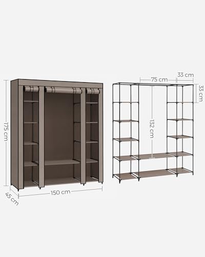 SONGMICS Kleiderschrank, Stoffschrank, mit Überzug aus Vliesstoff, Faltschrank mit Kleiderstange, 45 x 150 x 175 cm, 12 Ablagen, Metallrahmen, Schrank fürs Schlafzimmer, Taupe LSF003R02