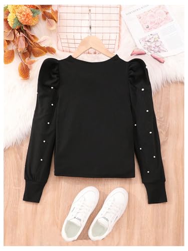 Floerns Girl's Pearl Beaded Puff Long Sleeve Pullover Top Crew Neck Ribbed T Shirts2