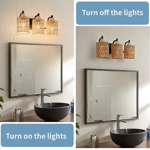 Image of FRIDEKO HOME Farmhouse 3-Light Bathroom Vanity Light - Rattan Light Fixtures Wall Sconce Bathroom Lighting Fixtures Over Mirror with Boho Woven Lampshade for Bedroom Living Room Hallway