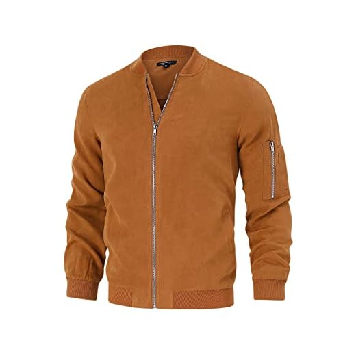 TURETRENDY Jaquetas masculinas de camurça bomber universitárias de couro leve softshell voo casaco casual com zíper, Marrom, P