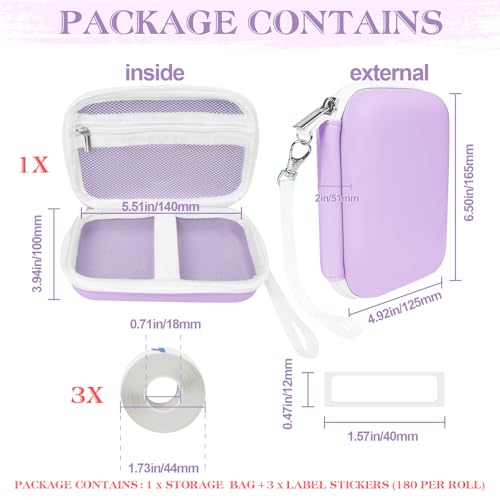 Image of Teyomi Case Compatible with NELKO P21, for NIIMBOT D110, for JADENS D110 Label Maker with 3 Roll Label Tape(Label Paper 1 /2 inch x 1 1 /2 inch (12mm X 40mm))-Hard Shell Storage Bag-Purple