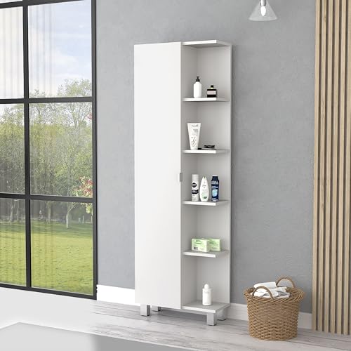 Jenvor Los Angeles Linen Cabinet White, Five Shelves and One Door Cabinet with Dividers, Space-Saving Tall Bathroom Storage for Towels Toiletries, Reinforced Metal Legs, 62.2 in