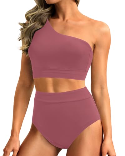 Image of Holipick Women One Shoulder High Waisted Bikini Sets Two Piece Swimsuit Tummy Control Bathing Suit Full Coverage Swimwear