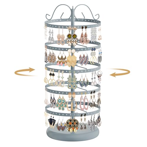Image of MODOWEY Rotating Earring Holder Organizer Stand, 5 Tier Metal Tree Display for Women Vendors, 220 Holes Adjustable Jewelry rack for Stud Hoop Dangle Storage, Trendy Carousel Keeps Dresser Neat, Gray