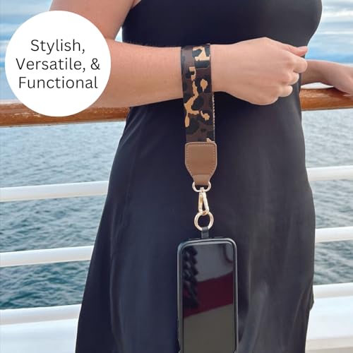 Image of Save the Girls Original Clip and Go Phone Strap (Leopard Brown /Gold - Brown Pouch) - Crossbody Phone Strap Chain with Zipper Wallet - Phone Lanyard with Zippered Pouch
