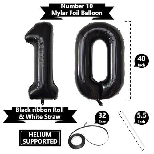 Image of Number Balloons Black Party Balloon - Giant Number 10 Balloon, 40 Inch Large Balloon for 10th Birthday Decorations, Black Party Supplies for Men Women
