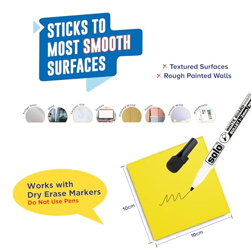 Image of SOLO Whiteboard Sticky Notes (10x10 cm, Pack of 6) - Reusable, Washable & Restickable up to 2000 Times with Magnetic Marker - Multicolor Notes for Office, School & Home