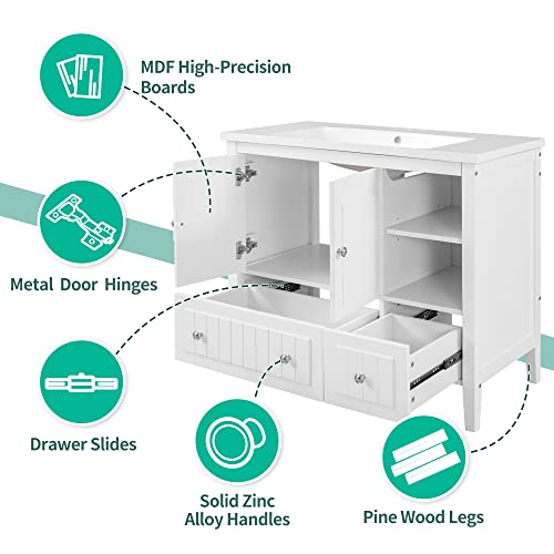 Recaceik 36 Inch Bathroom Vanity And Sink, Wood Cabinet Basin Vessel Sink Set Bathroom Sink Vanity Combo With Shelves And Drawers, Freestanding Single-Sink Bathroom Vanity Base Storage Cabinet, White #TOP6