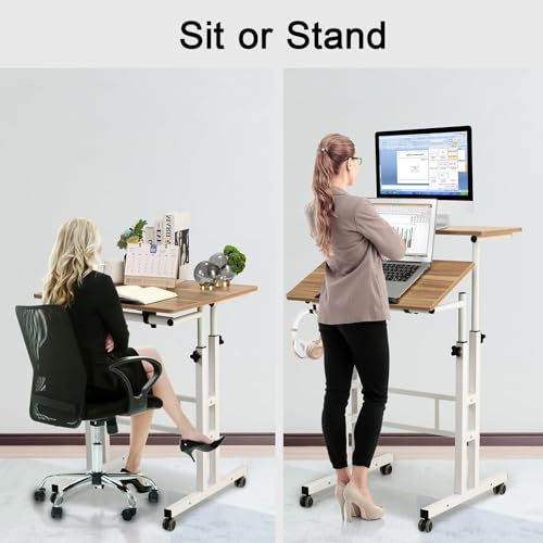 Image of Hadulcet Mobile Standing Desk with Charging Station, Adjustable Standing Computer Desk, Standing Adjustable Laptop Cart with Wheels for Home Office Classroom Vintage Oak