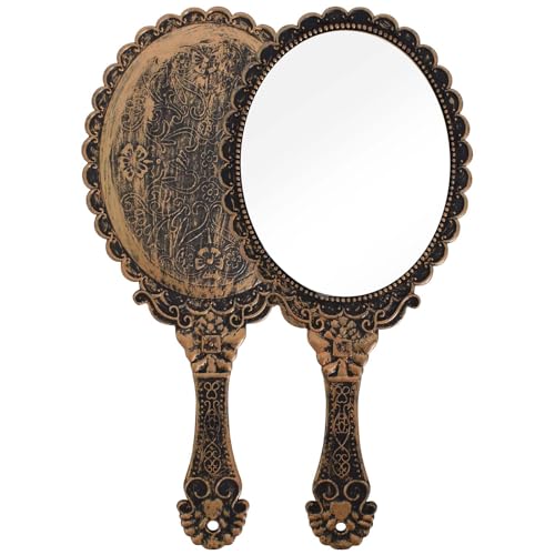 Foto von Handspiegel mit Griff Retro, Vintage Handspiegel Bronze, Tragbarer Kosmetikspiegel mit Griff, Kunststoff Handspiegel mit Griff Oval für Friseur Make Up Zuhause Reise