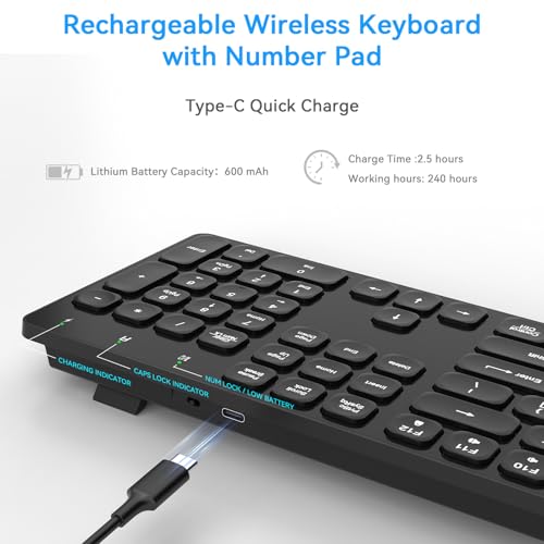 Image of Rechargeable Wireless Keyboard for Mac and Windows, Ultra Slim 2.4GHz Full-Size Keyboard with Low-Profile Quiet Keys, Compatible with PC, Laptop, Windows 11 /10 /8 /7 (Black)