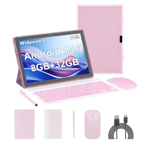 Android 15 Tablet 10 inch Tablets 8GB RAM+32GB ROM/2TB Expandable 2 in 1 Tablets with Keyboard Case 1280x800 IPS Display Screen 5G Wi-Fi6 Dual Camera 6000mAh Battery BT5 Widevine L1 (Pink)