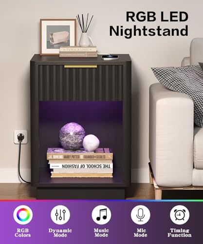 Akxomel Fluted Nightstand Set 2 Bedside Table with Charging Station Black - Image 4