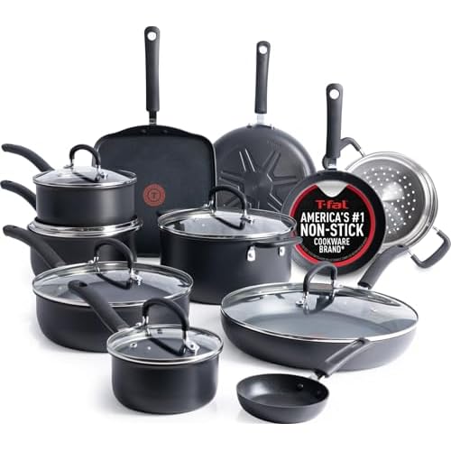 T-Fal Ultimate Hard Anodized Nonstick Pots and Pans Set 17 Piece, Nonstick Cookware Set with Fry Pan, Saucepans, Saute-Pan, Griddle, Dishwasher Safe, Onyx