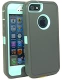 Brand New Iphone 5 5S Body Armor Defender - Comparable to Otterbox Defender + 1pc 3ft Data Cable (Dark Grey on Baby Blue Teal)