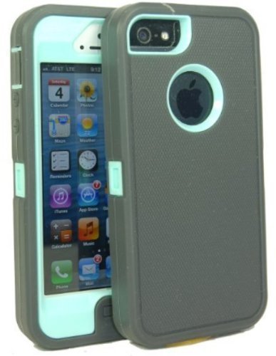 Iphone 5 5S Body Armor Defender - Comparable to Otterbox Defender + 1pc 3ft Data Cable (Dark Grey on Baby Blue Teal)
