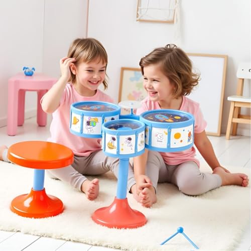 Image of MiniExplorer Jazz Drum Set for Kids | Musical Toy Set with 3 Drums, 1 Cymbal, Drumsticks & Stool | Durable Plastic Learning Toy Music Instrument for Boys & Girls for 3 Years+