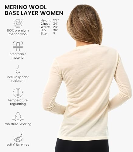 Image of Merino Wool Base Layer Women - 100% Merino Wool Shirt Women Thermal Underwear Long Sleeve T-Shirt for Hiking
