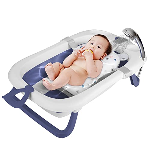 Sinbide Groß Faltbare Baby Badewanne, Faltbare Babybadewanne mit rutschfestem Badekissen, Badewanne mit Thermometer zur Kontrolle der Wassertemperatur, Geschenke für Neugeborene und Kleinkinder (blau)