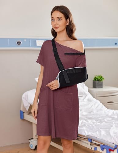 Image of Deyeek Women's Post Shoulder Surgery Hospital Gowns Tear Away Short Sleeve Full Open Side Snap Adaptive Clothing Nightgowns