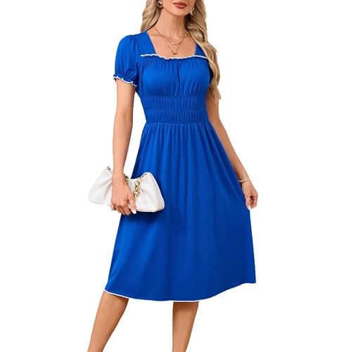 Image of Women's 2026 Summer Boho Floral Midi Dress Casual Square Neck Puff Sleeve A Line Dresses with Pockets