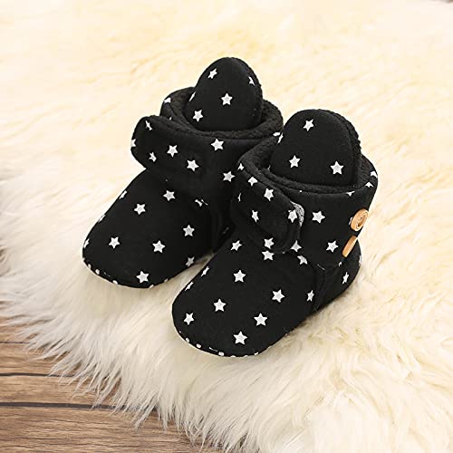 Baby Fleece Booties Newborn Warm Slippers Cozy Winter Boots Sock Shoes Infant Crib Bootie With Non Skid Bottom 0-6Months (Black Star-Button) #TOP2