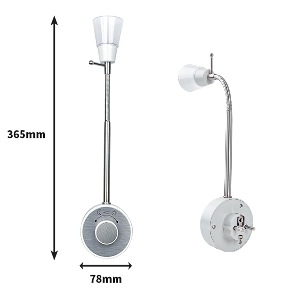 Dimmbare LED Steckdosenlampe, Leselicht, Leselampe nickel gebürstet, 2W, Steckerleuchte mit Schwanenhals flexibel warmweiß 2700K