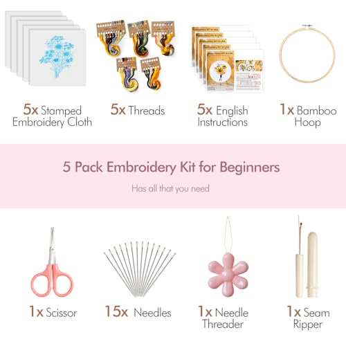 Image of 5 Pack embroidery kit for beginners Adults DIY Starter Kit,Sunflower Gifts for Women Cross Stitch Kits with Flower Stamped Patterns, Embroidery Hoop, Tools,Colorful Threads,Hand Craft Lover Gift