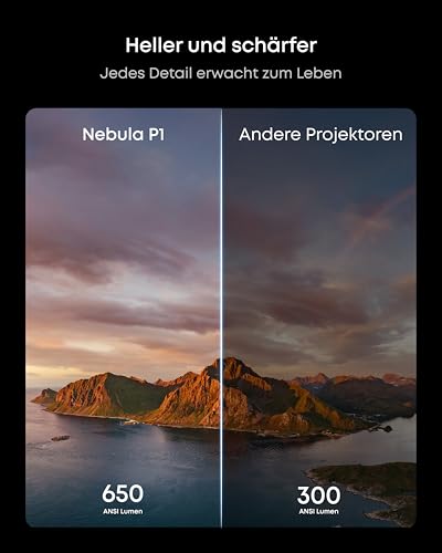 soundcore Nebula P1｜Beamer klein mit abnehmbarem Lautsprecher und integriertem AV-System, 650 ANSI Lumen, 1080p, 2.0 Surround Sound, Dolby Audio, 130°-Gimbal, Auto Kalibrierung, max. 180, Google TV