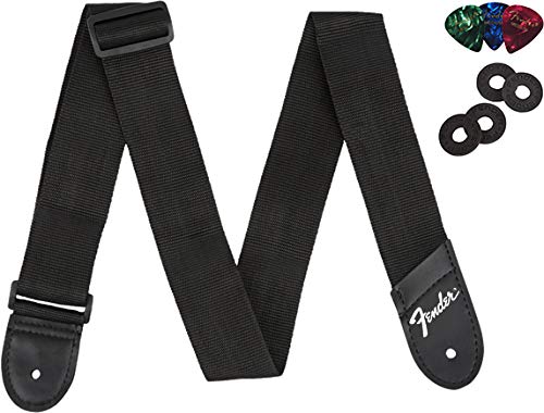 Fender Guitar Strap Bundle with Fender Guitar Strap, 2 Pairs of Fender Strap Blocks, and Fender Picks - Silver Logo/Black Blocks