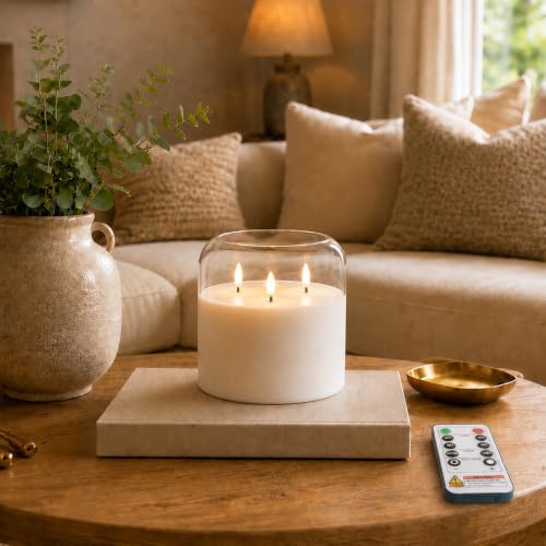 Image of Homemory 6 x 6 Inch Extra Large Flameless Candle, Clear Glass 3-Wick LED Pillar Candle, Pure White Real Wax Candle with Smooth Rounded Rim, Remote Control and Timer for Home Decor