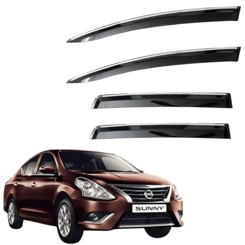 Image of CAR SAAZ Unbreakable Chrome Smoke Door Visor for Sunny (2014-2020)| Premium Sun, Rain Wind Deflector Chrome Strip Side Door Rain Visor - Set of 4 Pcs