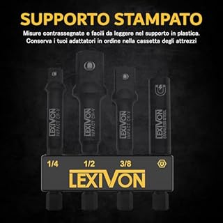 LEXIVON Set di Adattatori per Bussole a Percussione e Porta-Biti Magnetico | 4 Pezzi da 1/4 di pollice con Estensione a Scatto da 1/4, 3/8 e 1/2 Pollici | Include Supporto Organizzatore (LX-104)