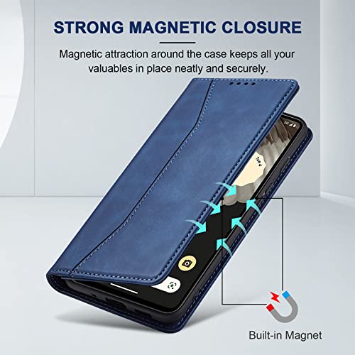 Image of Jasonyu Flip Wallet Case for Google Pixel 7 Pro 5G,Leather Magnetic Folio Cover with Card Holder,Kickstand - TPU Shockproof Durable Protective Phone Case,Blue