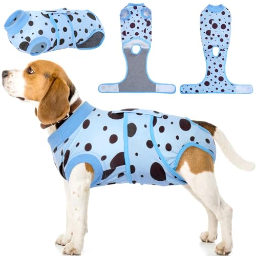 Image of Kuoser Dog Surgery Suit, Soft Dog Spay Recovery Suit Female, Anti Licking Neuter Recovery Suit for Male Dogs, Post-Op Pet Surgical Suit Protective Wear E-Collar & Cone Alternative,Blue Polka Dots L