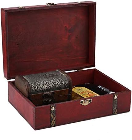 Hapivida Vintage Wood Box, Retro Wooden Jewelry Storage Box Treasure Chest Boxes, Mini Red Antique Decorative Wooden Storage Chest Jewelry Gift Case