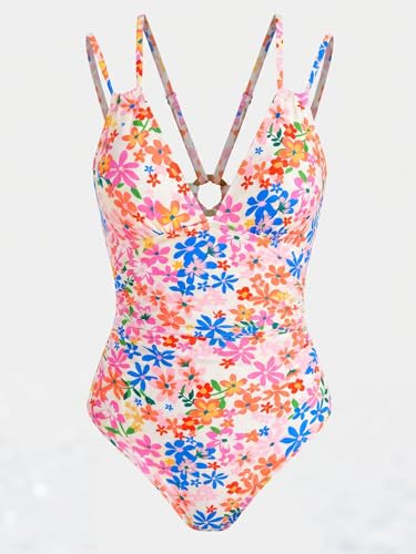 Image of CUPSHE Women's V Neck One Piece Cutout Tummy Control Swimsuit | Double Adjustable Straps,Back Cutout,O Ring,Soft Removable Cups,Flattering Bathing Suit For Vacation And Beach