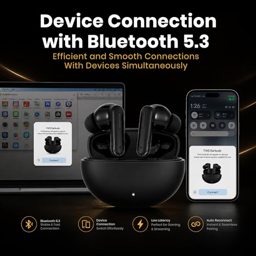 Image of Wireless Bluetooth 5.3 Earbuds with ENC Quad Mic, 40 Hours Playtime, Low Latency Gaming Mode, Deep Bass Stereo Sound, Touch Control, USB-C Charging, in-Ear TWS Earphones
