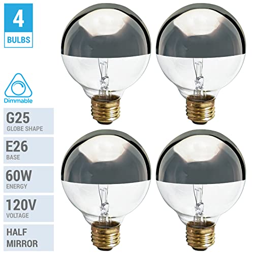 Kor (4 Pack) G25 Incandescent Light Bulb, Silver Half Chrome Crown With Mirror Reflect Glare-Less Finish, Decorative Globe 120 Volts, Lamp Shape, Medium Base, E26 Base, Dimmable. (25 Watt) #TOP1