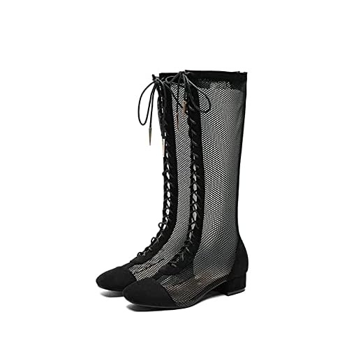 Kvinnor Knä Hög Rem Vamp Sandal Gladiator Sommar Utomhus Rund Tå Justerbar Remma Anti-slip Skor Svart