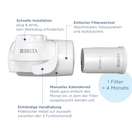 BRITA Wasserfilter für Wasserhahn ON TAP V inkl. 1 Filterkartusche – für nachhaltiges Wasser mit besserem Geschmack/reduziert kleine Partikel, Metalle & geschmacksbeeinträchtigende Stoffe