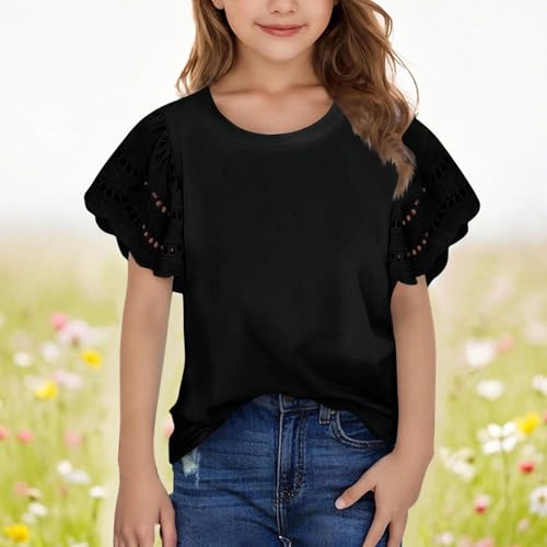 Girls Summer Tops Round Neck Flutter Sleeve Eyelet Hollow Out Embroidered Blouses Teens Girls Dressy Casual Shirts2