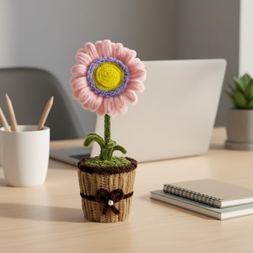Image of Handmade Artificial Flower Pot for Home Decor | Cute Fuzzy Wire Pipe Cleaner Flower Plant | Aesthetic Tabletop Decorative Pot for Home, Office & Gifting (Soft Bloom :- Purple-BabyPink)