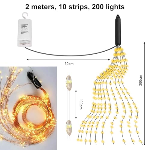 2 Stück Lichterkette Klein 2m 200 LED Lichterschweif Mit Batterie Und Fernbedienung, 8 Modi Wasserfall Lichterketten Wasserdicht Lichterbündel, LED Lichterbündel Für Innen Außen Garten Deko (Warmweiß)