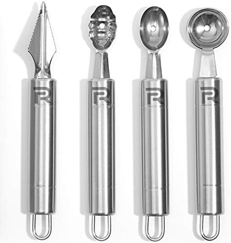 Riveira Melon Baller Scoop Set Stainless Steel 4-Piece Carving Knife Watermelon Cantaloupe Scooper for Cutting and Scooping Fruit Melons