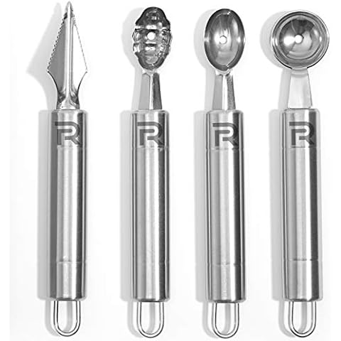 Riveira Melon Baller Scoop Set Stainless Steel 4-Piece Carving Knife Watermelon Cantaloupe Scooper for Cutting and Scooping Fruit Melons & Ice Cream Cover