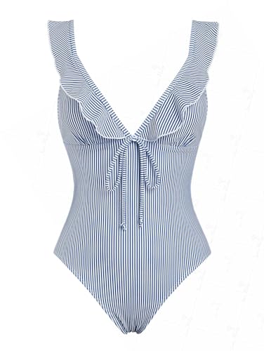 seamoly Vintage Striped Ruffles Trim Tied Plunging Neck One-Piece Swimsuit