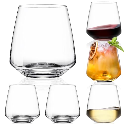 Stemless Wine Glasses Set of 6-15oz【Hand-Blown】 Durable Red White Wine Glasses,Unique Crystal Gifts for Him/Her for Wedding, Birthday，Engagement,Valentine's Day