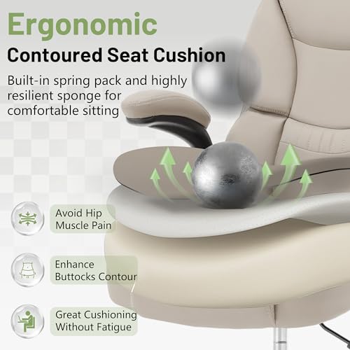 Image of 500LBS Drafting Chair, High Back Safer Standing Desk Chair, Executive Tall Office Chair with Flip-up Armrests, Upholstered PU Leather Task Chair, Ergonomic Seat with Adjustable Height&Foot Ring,Beige