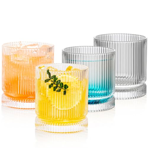 POLIDREAM Ribbed Glasses Set of 4 390ml Rocks Glass Cups Premium Vintage Glassware Whiskey Glasses Cocktail Glasses Bar Beverages Ice Coffee Cup Juice Ripple Drinkware - Dishwasher Safe